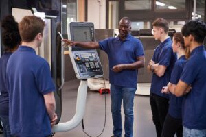 manufacturing and engineering college students learning about cnc machines